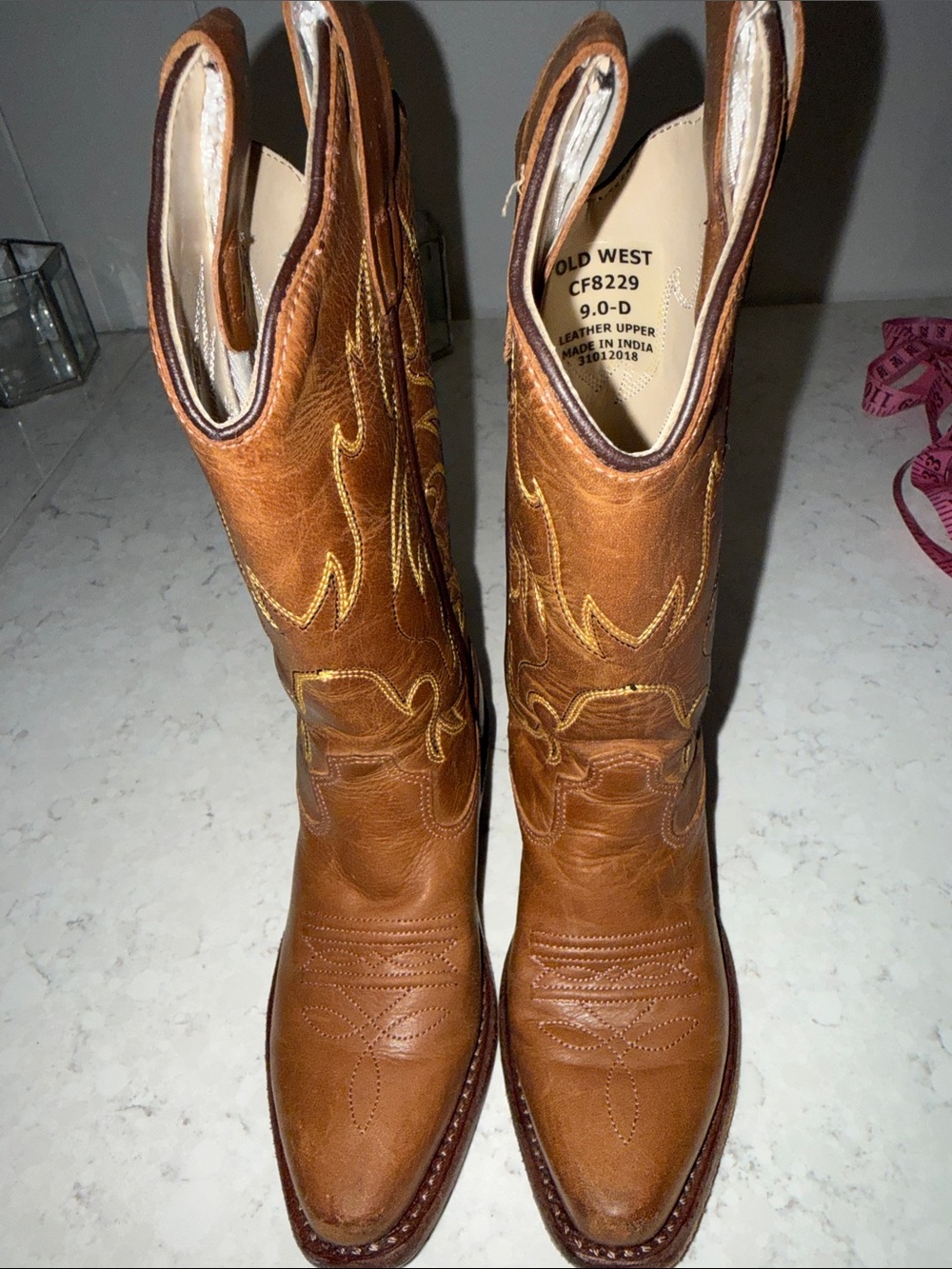 Old West Brown Leather Kids Western Boots with Yellow Stitching